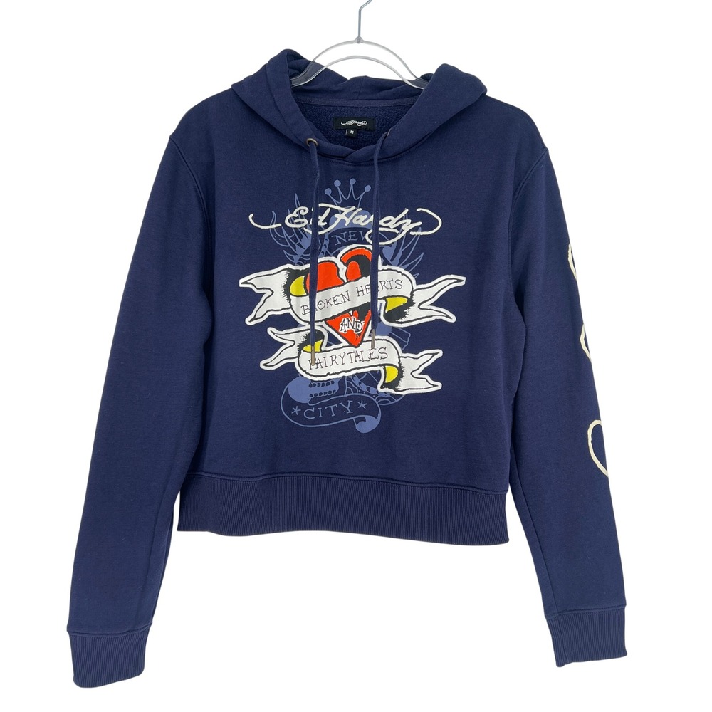 Ed Hardy Hoodie Women Medium Navy Blue Broken Heart Fairy Tales Graphic Crop Y2K